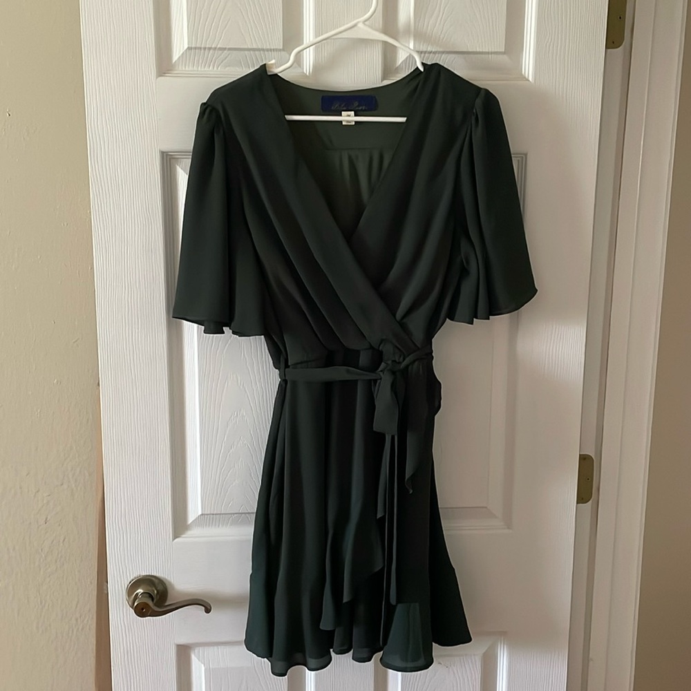 Dark green flutter wrap dress
